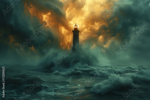 A solitary lighthouse stands tall amidst the tumultuous ocean, its beacon piercing through the stormy clouds in the sky