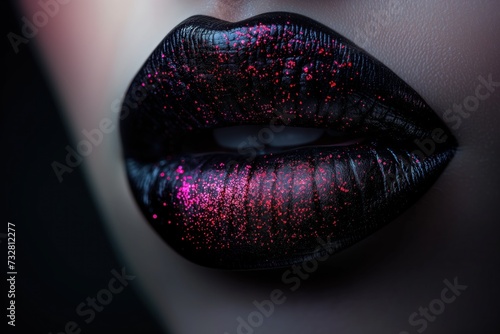 Large plump female lips painted with dark black lipstick with purple and red glitter, close-up on a black background
