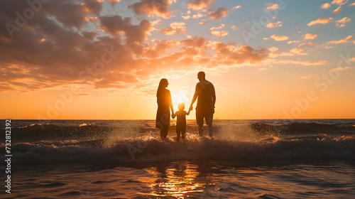 Family silhouette on the beach during the golden hour sunset. Woman and man, husband and wife, father and mother walking or standing in sea or ocean waves, holding their little son or kid by the hand