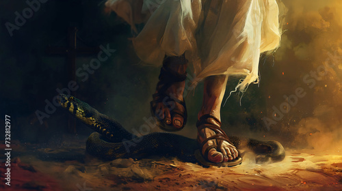 A male person wearing white robe and sandals, symbolizing Jesus Christ, stepping over the snake, crushing her head and body. Reference to Book of Genesis from the Holy Bible and God's promises 