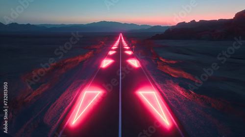 Red neon glowing arrows on the asphalt road passing through the desert with mountains. Straight ahead way concept, path to success direction, business career future guidance,journey to the destination