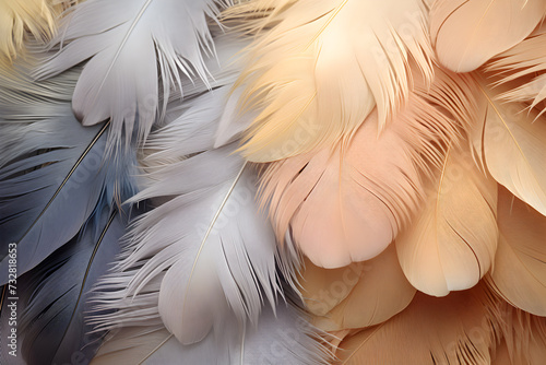 close up view of pink and yellow feathers, feather background texture 