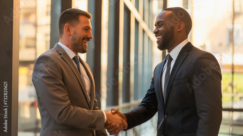 Two Businessmen handshake representing cooperation in their businesses, African American and Caucasian business people in elegant suits, new client negotiation, contract partnership