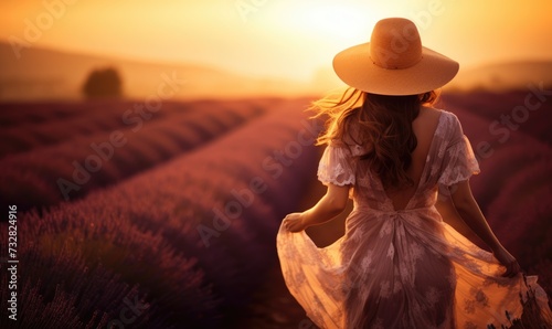 Provence Dreams: Happy Woman in a Dress, Back to the Viewer, Strolls Through a Lavender Field in France, Bathed in the Warmth of Sunset, Surrounded by Fog and Sunlight.