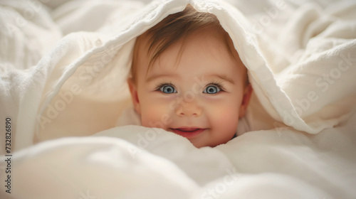 Cute little baby boy wrapped up in a soft comfortable blanket, young male newborn child looking at the camera and smiling. Childhood happiness at home, morning cozy joy and comfort