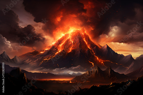 volcano eruption abstract art, burning in mountain, active volcano