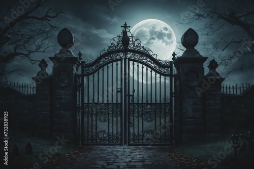 cemetery gate at full moon night