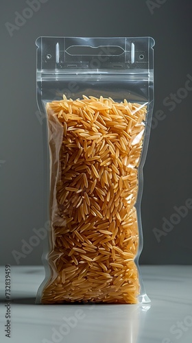 A transparent plastic bag contains brown rice grains, useful in preserving food. Plastic bag of rice representing sustenance and nutrition. Little rice or grains concept.