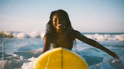 Happy candid african american girl surfing in Australia. Black girl learning to surf waves. AI generated