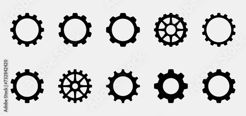 Gears collection. Gear settings icons. Set of black gear wheels. Sprockets