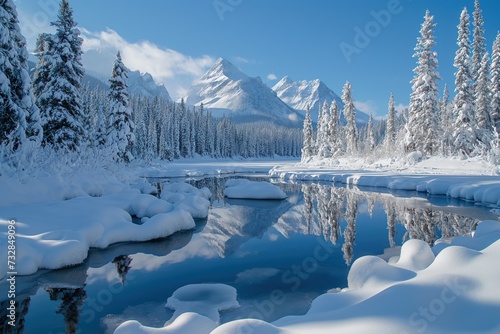A river flowing through a winter landscape with snow-covered trees and majestic mountains in the background.