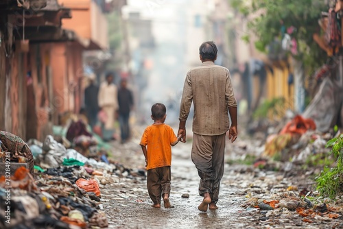A man and child walk barefoot together down a dirty street, in pakistan.