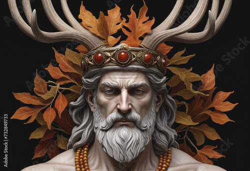 "Divine Statue: A spiritual depiction of the ancient pagan deity adorned with a crown of antlers and fall leaves on a dark background"