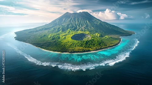 Volcanic island rising from the sea, its crater a dark contrast against the vibrant forest and sandy beaches that encircle it 