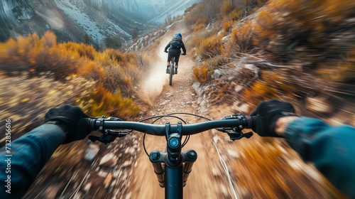 Mountain biker navigating a challenging trail, with dirt and rocks flying, capturing the thrill of the ride.