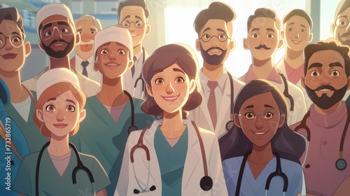 a group of smiling doctors and nurses of various cultures - illustration