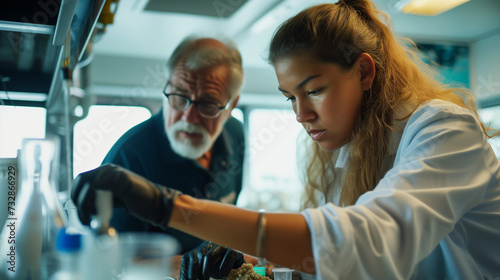 Marine Biologist and Colleague Cataloging Sea Life on Research Boat