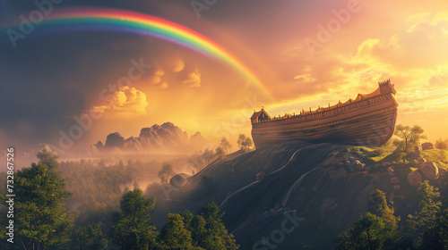 Noahs Ark Boat Rests on Green Hillside with Rainbow in Sky