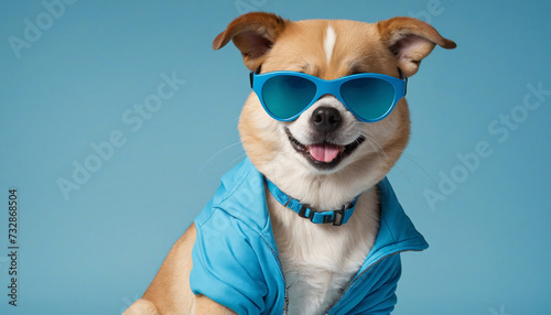 Portrait of adorable dog wearing a blue jacket with cool sunglasses on flat blue background