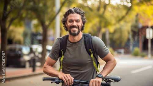Smiling cyclist at outdoor standing , looking at camera.