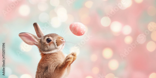easter bunny or rabbit playing or juggling with colorful painted egg against bokeh pastel background. joyful funny spring holiday lifestyle traditional april event celebration card design.