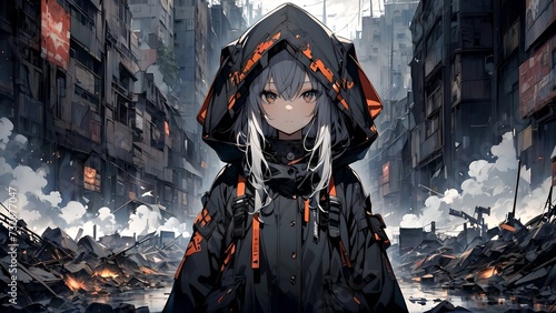 anime girl against the backdrop of the apocalypse, in the hood, background, anime wallpaper, wallpaper for pc
