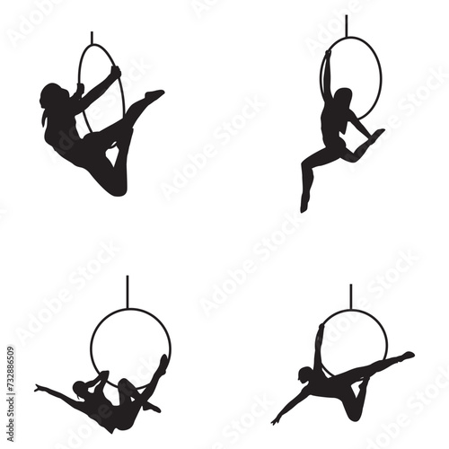 Aerial Hoop Silhouette. Aerial Gymnastic Girl Icon, Isolated On White Background.