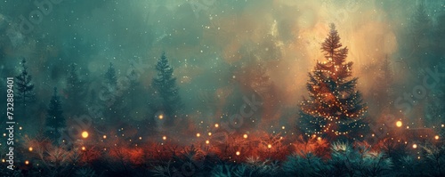 christmas trees with starry sky, floral impressionism, color splash, happy festival background