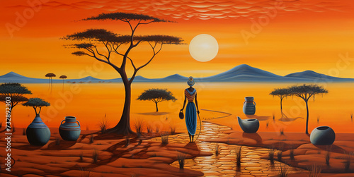 Painting of a tribal village Africa with landscapes, trees, rivers and tribal nature.