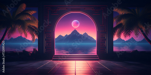 Open window with tropical landscape and ocean in vaporwave style Purple sundown in 90s style room vacation calmness frame.