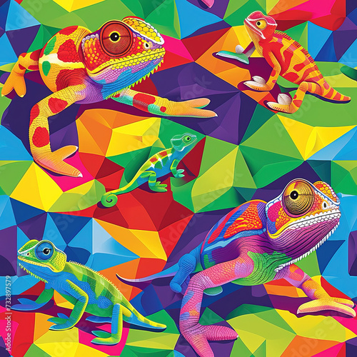 Chameleons line art pop art cartoon colorful repeat pattern, vibrant bright party funky kawaii