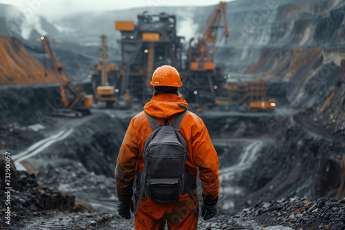 A miner gazes over a vast open-pit mine, machinery in the distance, exemplifying scale and industry.