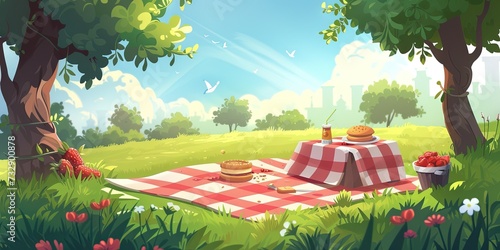 Picnic on a summer afternoon in nature with red and white checkered blanket