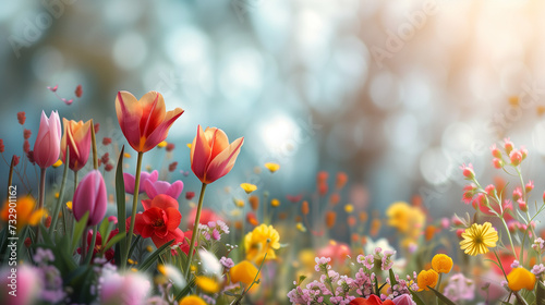 red and yellow tulips, banner background with spring flowers and copy space 