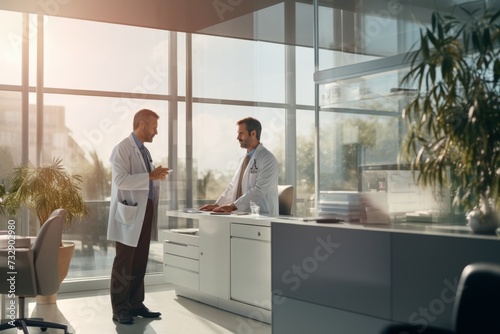 Two doctors discussing patient care in a bright office