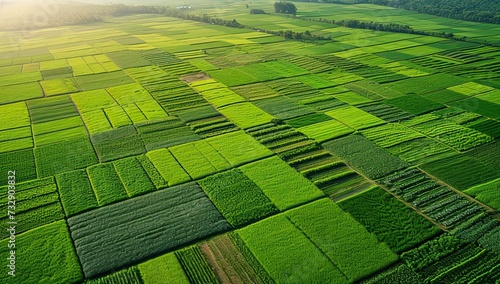 Aerial view of green rice field in sunrise time