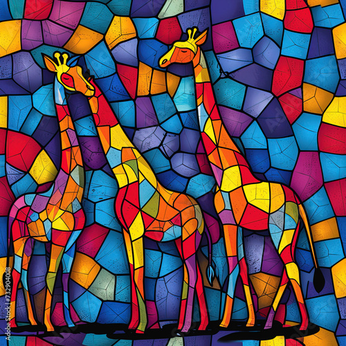 Giraffe line art pop art cartoon colorful repeat pattern, vibrant bright party funky kawaii Africa