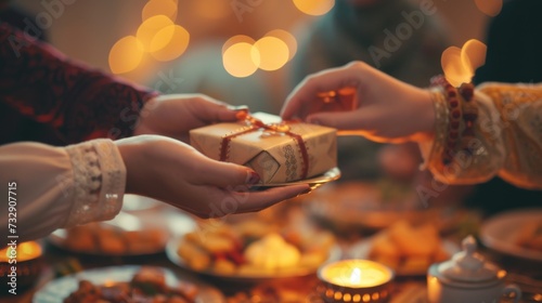 bokeh effect from the lights in the background adds an enchanting touch to this moment of gift-giving