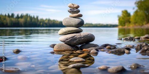 A Precisely positioned stack of river rocks, in the Willamette River.