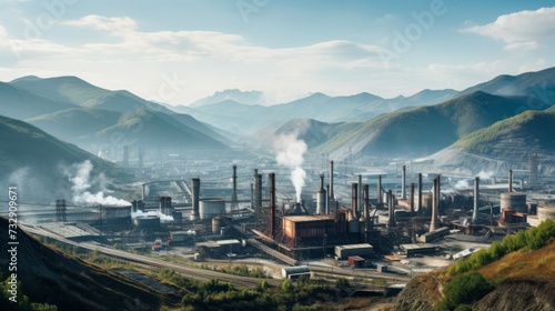 A scenic mountain landscape spoiled by industrial facilities causing visual pollution