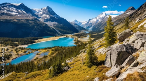 A breathtaking alpine landscape with glacier fed lakes