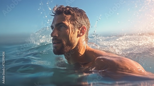 Professional swimmer in open water, sideview, male swimming freestyle showing his muscles, 