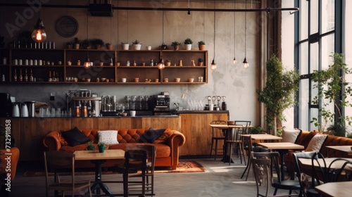 A trendy cafe with hipster decor and coffee cups