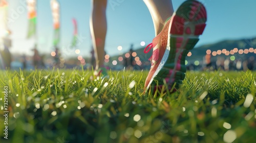 Runner's legs move fast on Coachella's green grass with colorful shoes. The festival's spirit catches in the swift motion of a runner's legs on green turf.