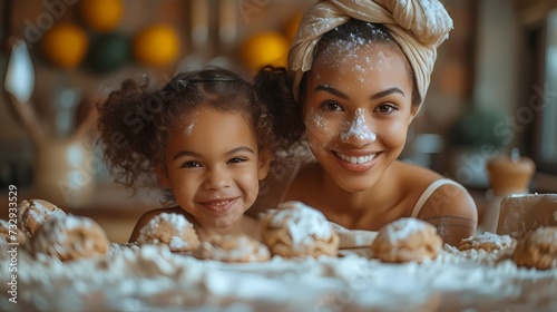 A mother and daughter baking cookies together in the kitchen, flour dusting their noses as they laugh