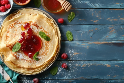 Russian Ukrainian European holiday Maslenitsa Traditional thin pancakes with berry jam and honey on a blue wooden table Top view with copy space