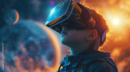 A student wearing virtual reality glasses is studying cosmonautics with an image of Earth in open space in his glasses. Concept of the virtual reality in school education