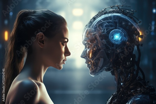 Women opposite AI. The concept of confrontation between ai robot, Machine vs human: AI robot and man facing each other ,Ai generated