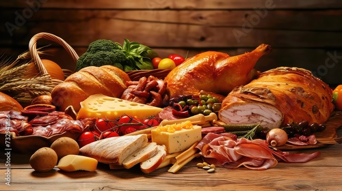 Assortment of meat products including ham, salami, cheese and vegetables