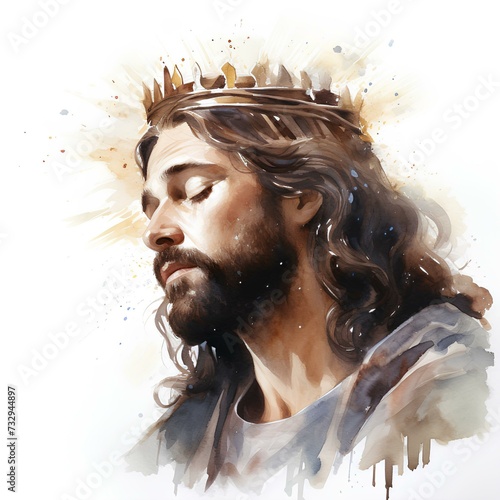 Portrait of Jesus with crown of thorns on white background, watercolor illustration generated with AI. Religion